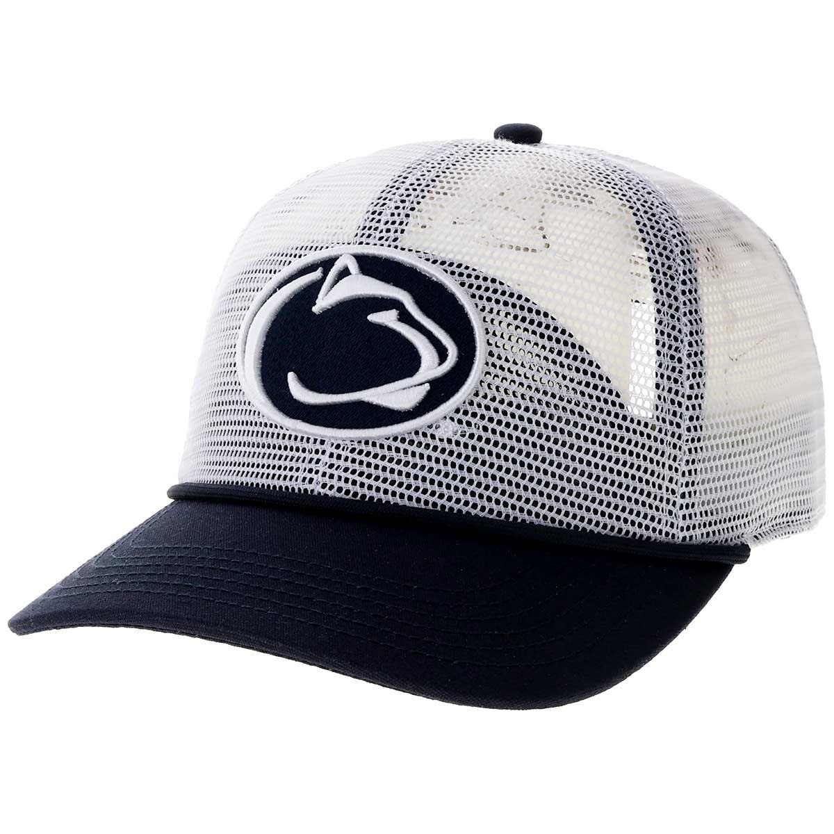 white meshy trucker hat with Penn State Athletic Logo and navy brim